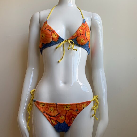 Aaron Chang denim orange floral reversible bikini - Picture 2 of 14